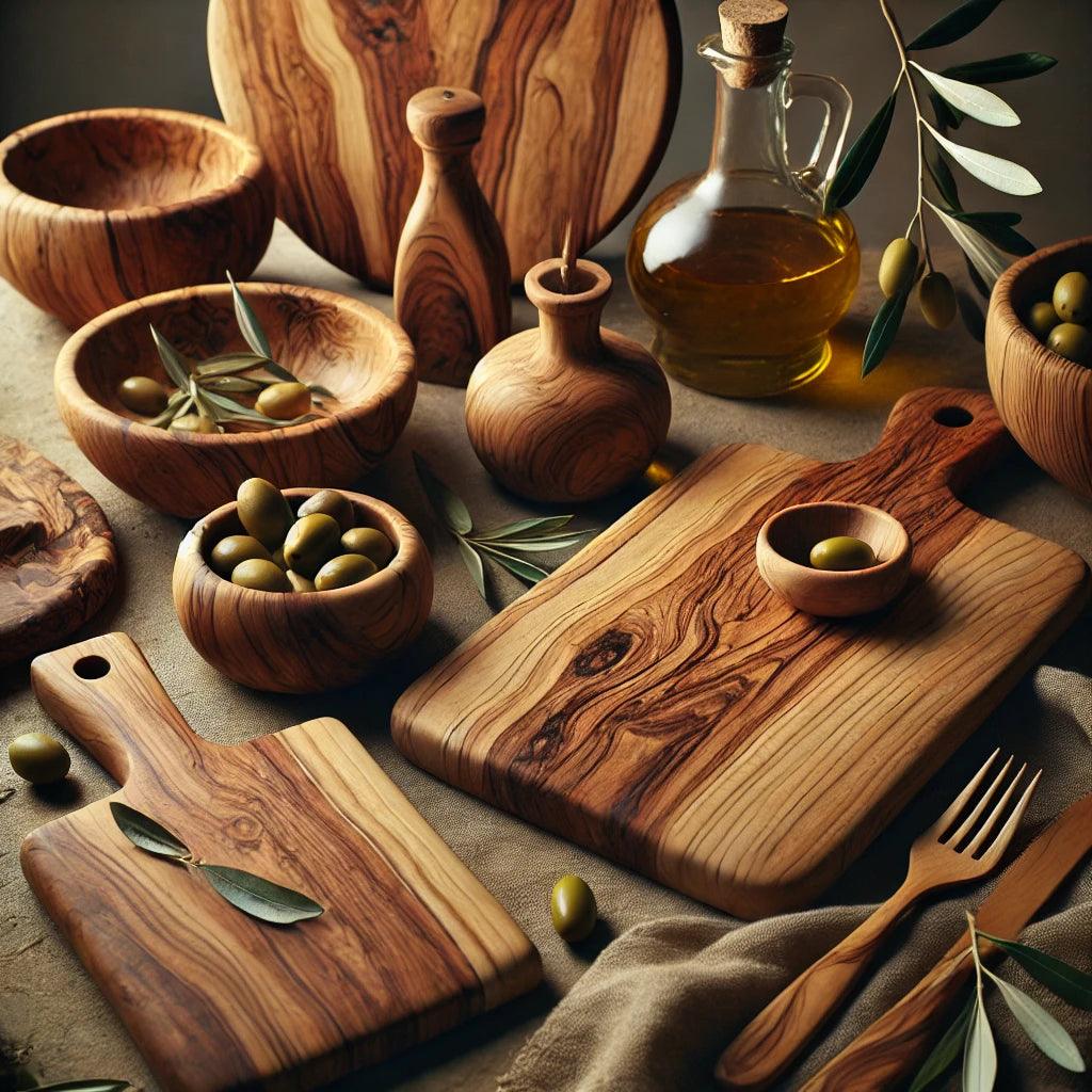 Handgefertigte Olivenholz-Schalen, Bretter und Besteck, natürlich und nachhaltig arrangiert.